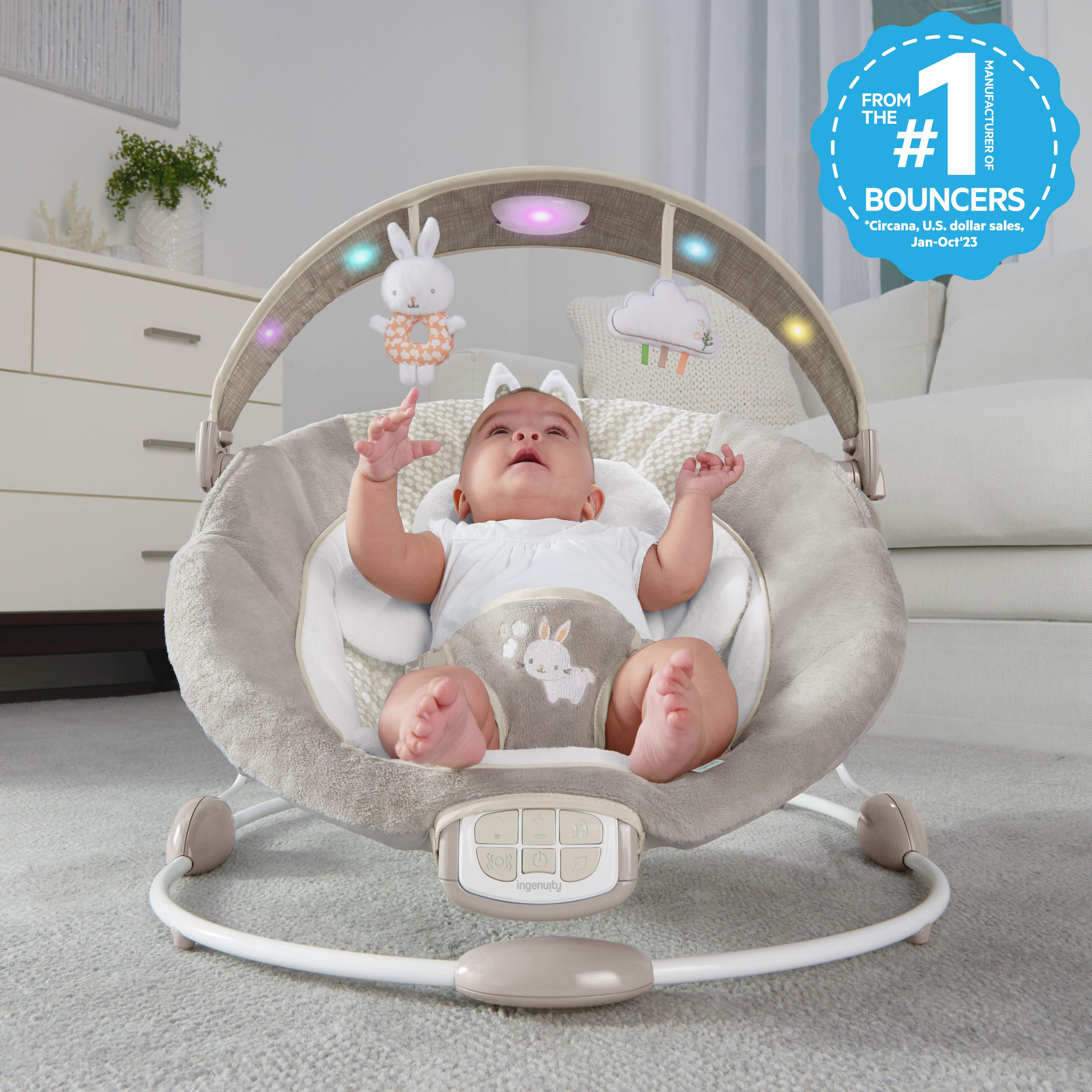 Ingenuity InLighten Baby Bouncer Seat with Light Up Toy Bar, Twinkle Tails