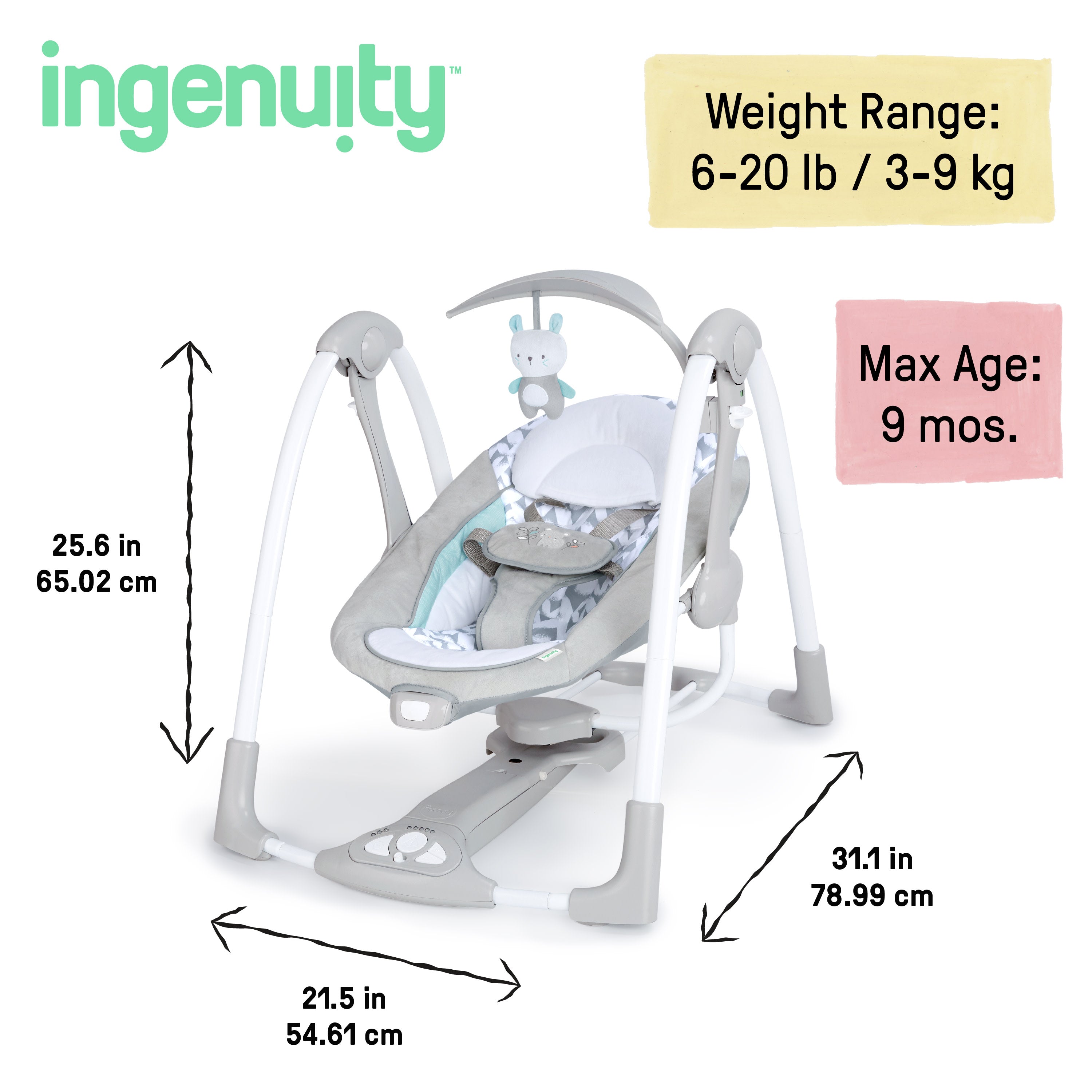 Ingenuity ConvertMe 2-in-1 Compact Portable Baby Swing 2 Infant Seat, Raylan