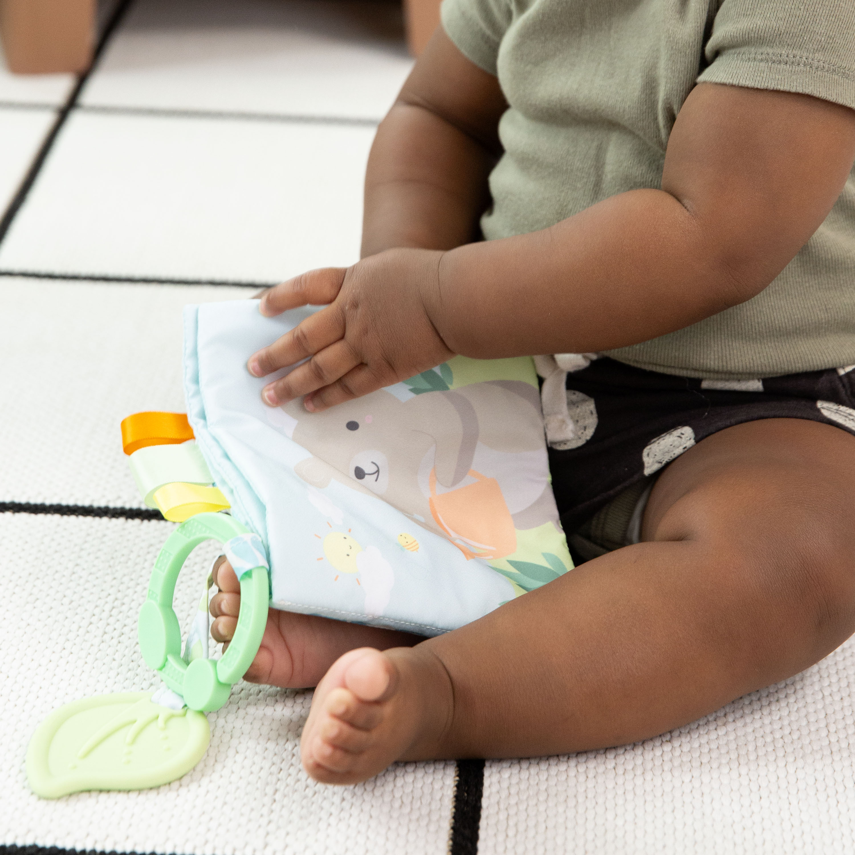 ity by Ingenuity Soft Book, 4 Plush Pages, Crinkle, BPA-Free Toy Attachment, For Ages Newborn and Up - Nate