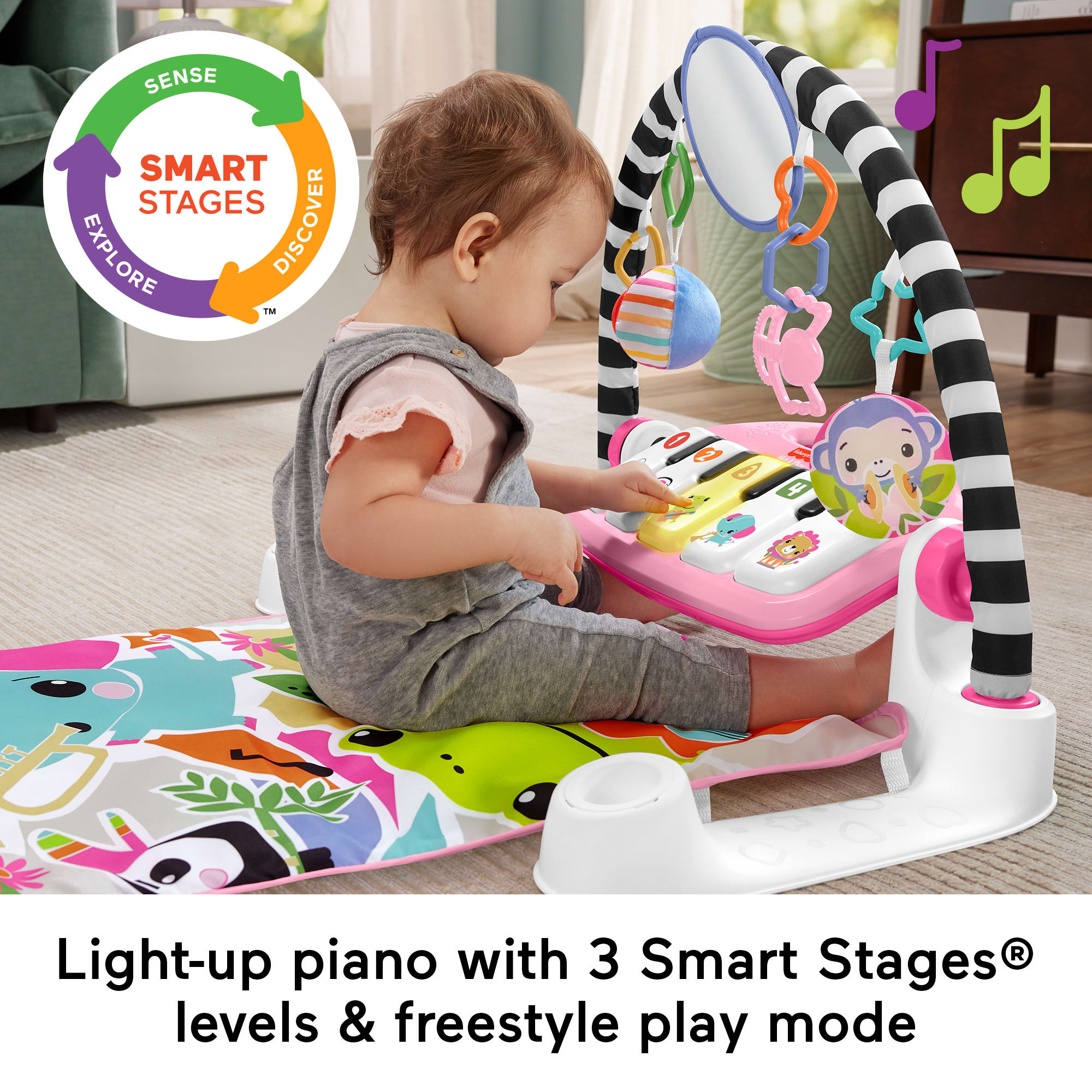 Fisher-Price Glow And Grow Kick & Play Piano Gym Baby Learning Toy With 2 Maracas, Pink