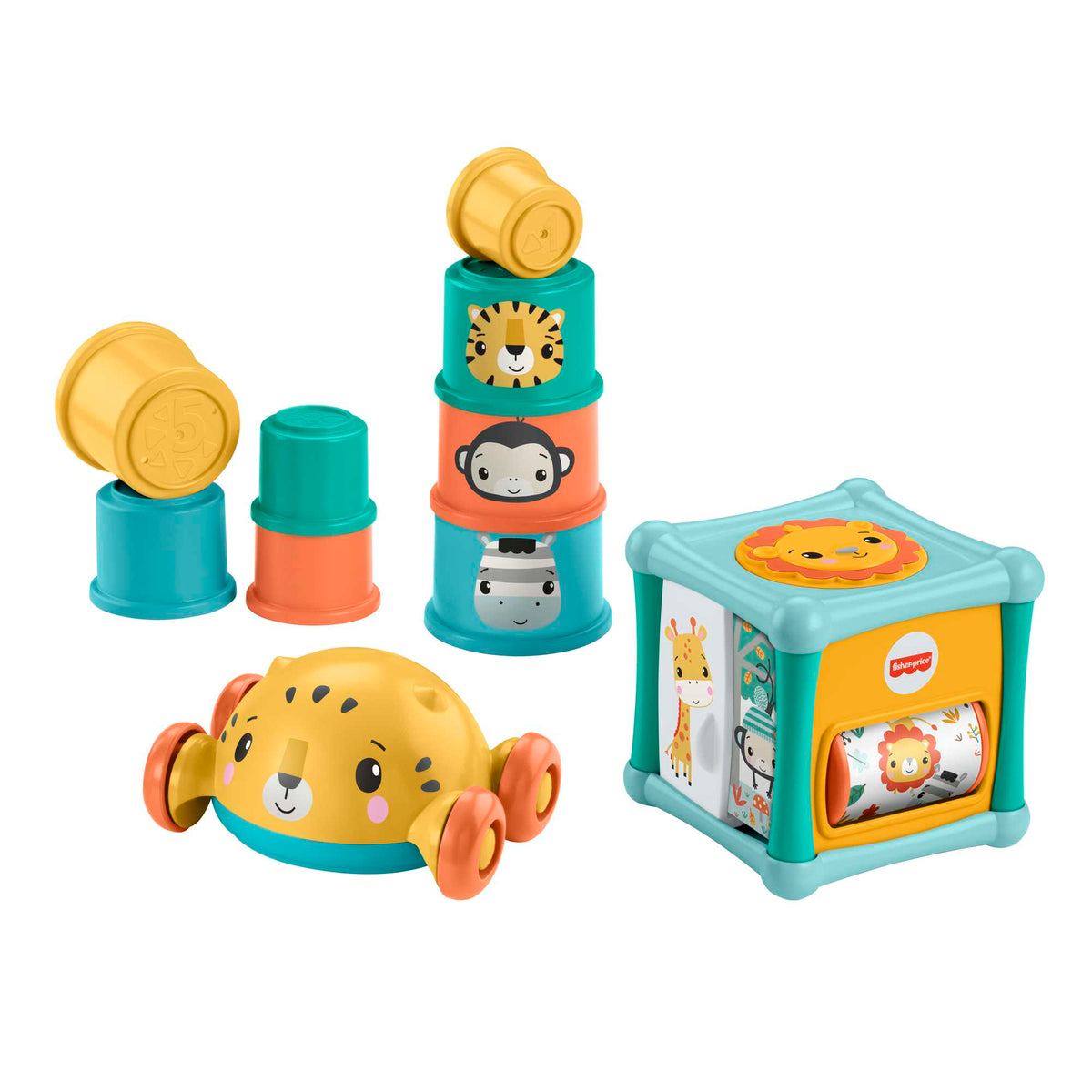 Fisher-Price Baby Toys Set With Fine Motor Toy, Stacking Cups & Push Car, Sit & Crawl Gift Set