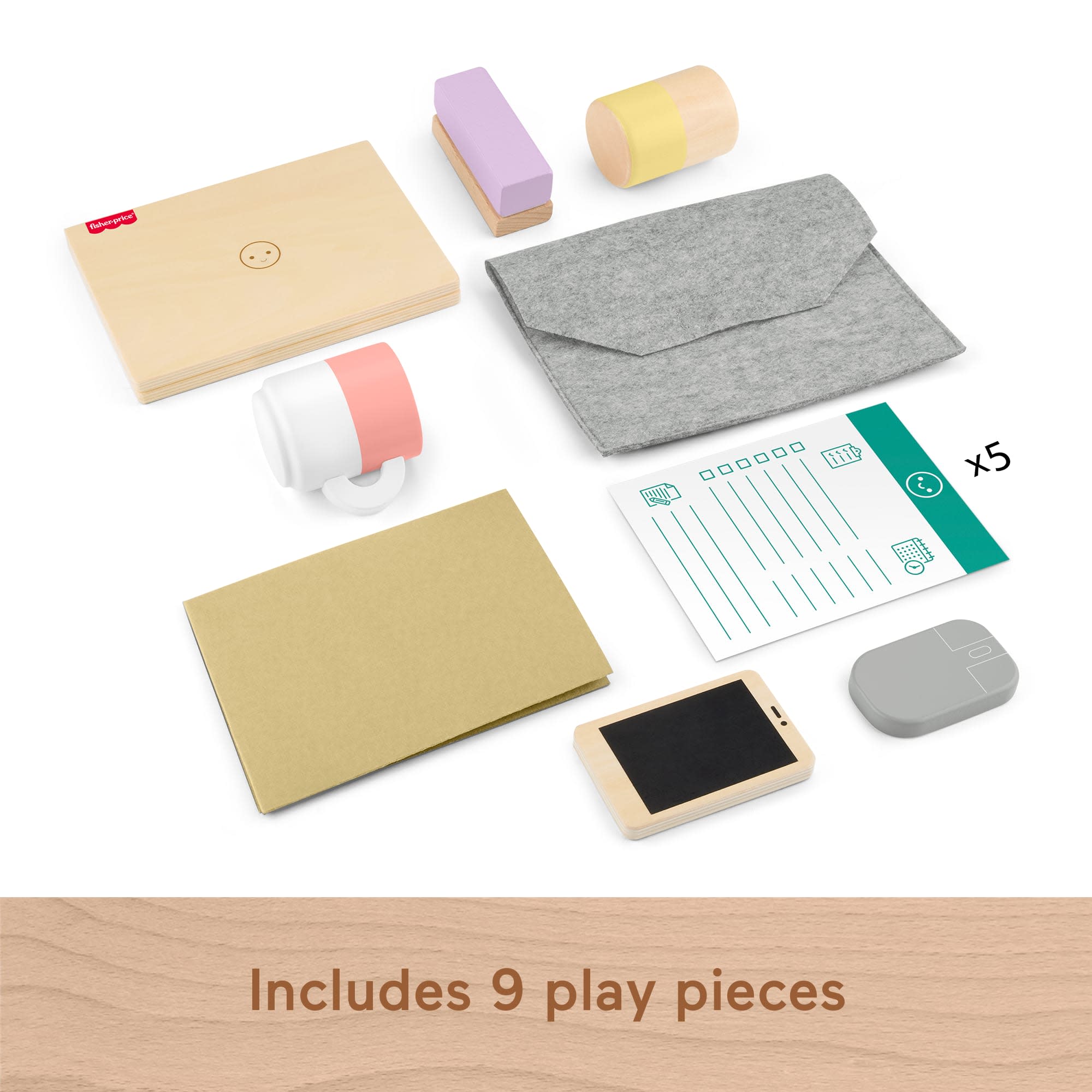 Fisher-Price Wood Pretend Play Work From Home Set, 9-Piece Office Playset With Wooden Toy Laptop & Phone For Preschool Kids Ages 3+ Years
