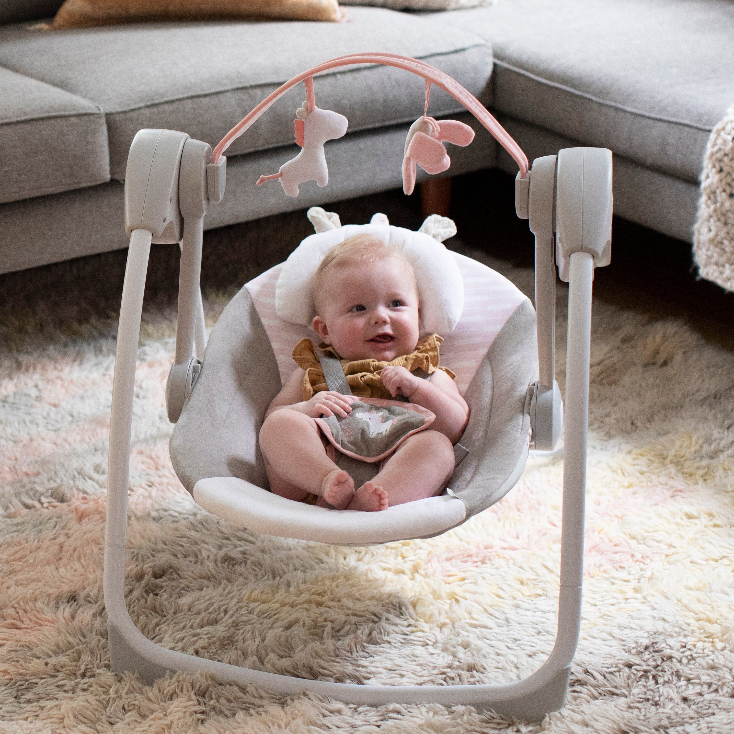Ingenuity Comfort 2 Go Compact Portable Baby Swing, Flora the Unicorn