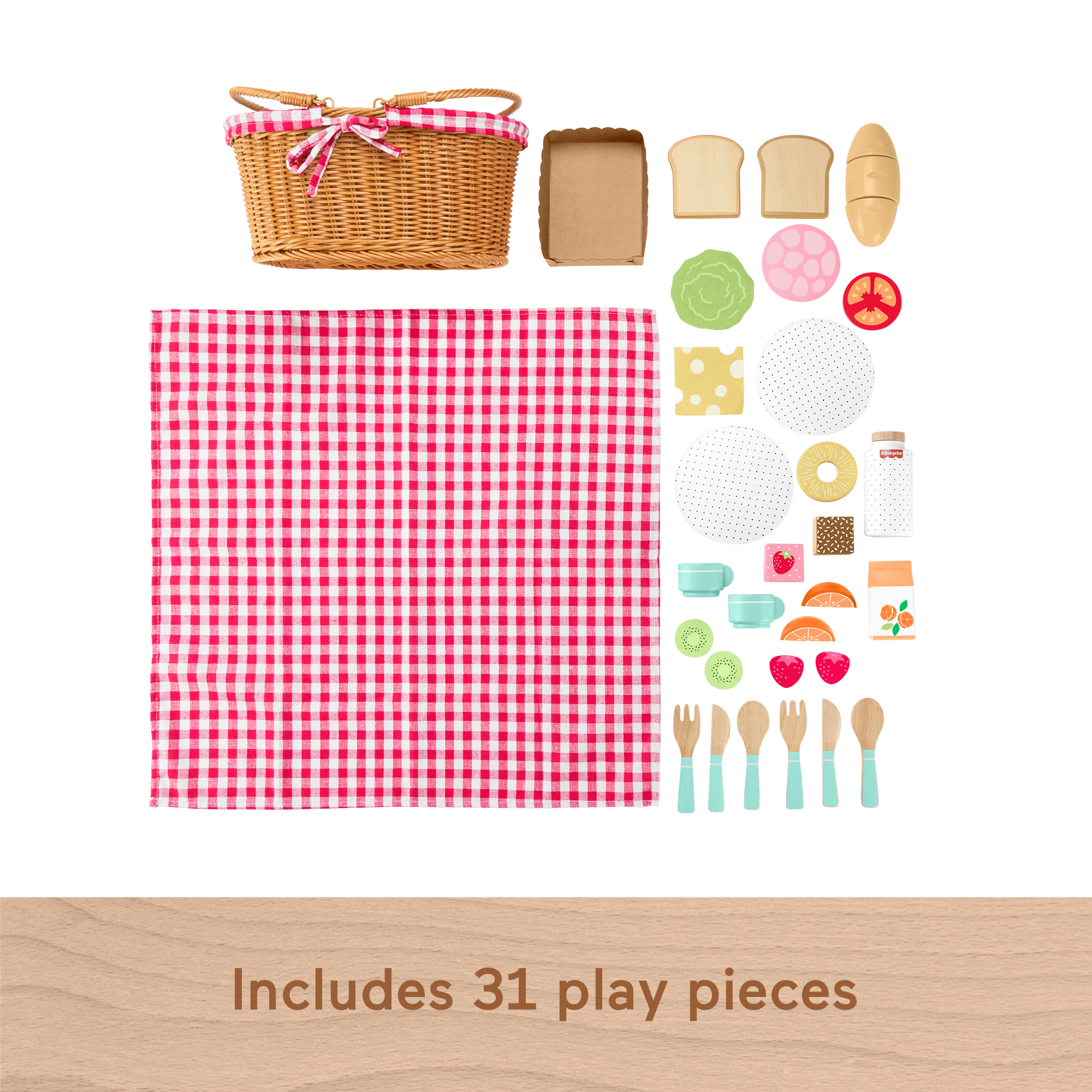 Fisher-Price Wooden Picnic Basket & Food Pretend Play Set For Preschool Kids, 31 Wood Pieces