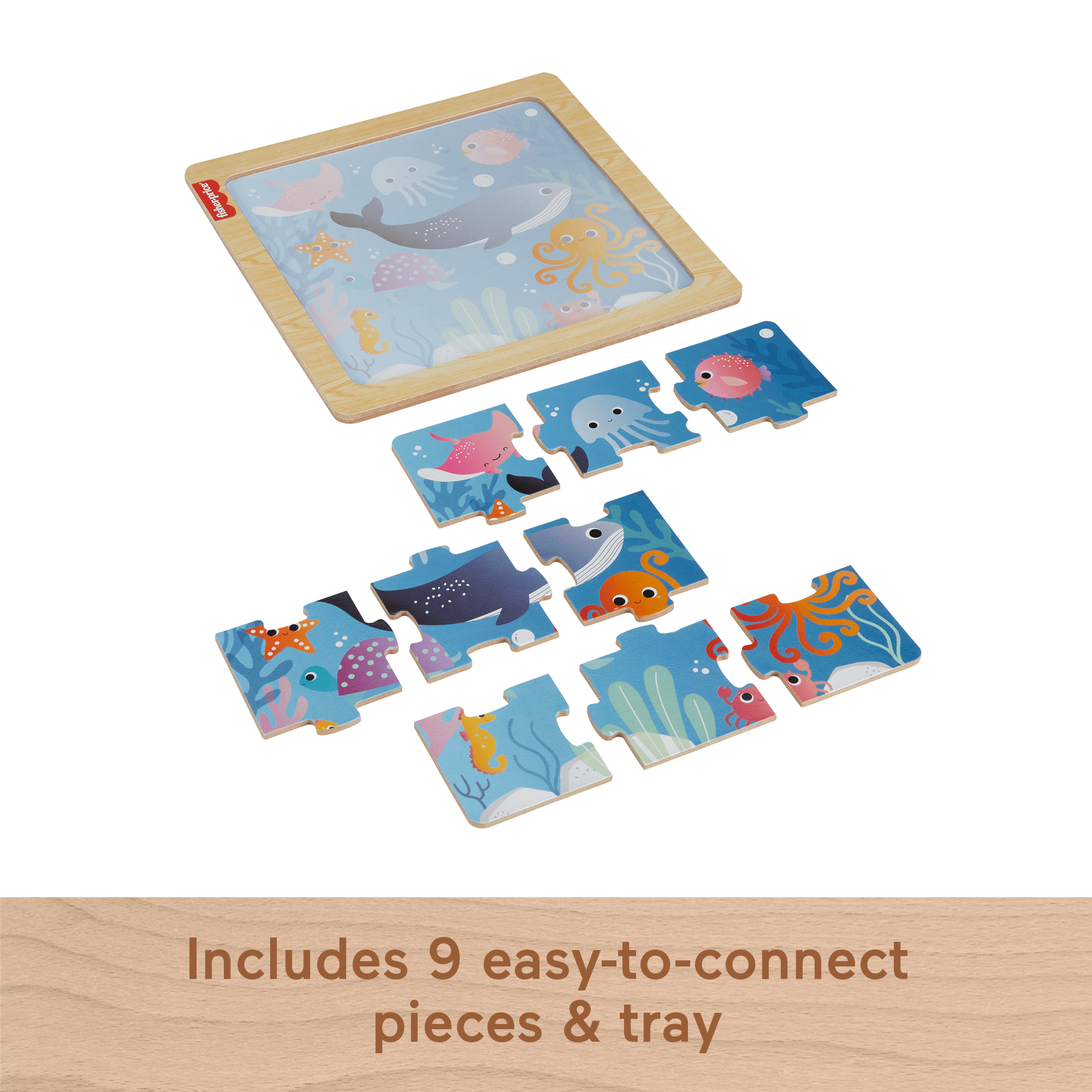 Fisher-Price Wooden Jigsaw Puzzle Ocean Sea Theme For Toddlers & Preschool Kids, 9 Wood Pieces